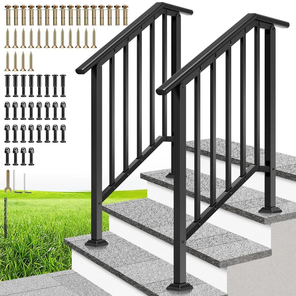 2-Pack 3 Step Galvanized Steel Hand Rails for Outdoor Steps β Black Oval and Safety Balusters Exterior Railing for Porch, Deck,