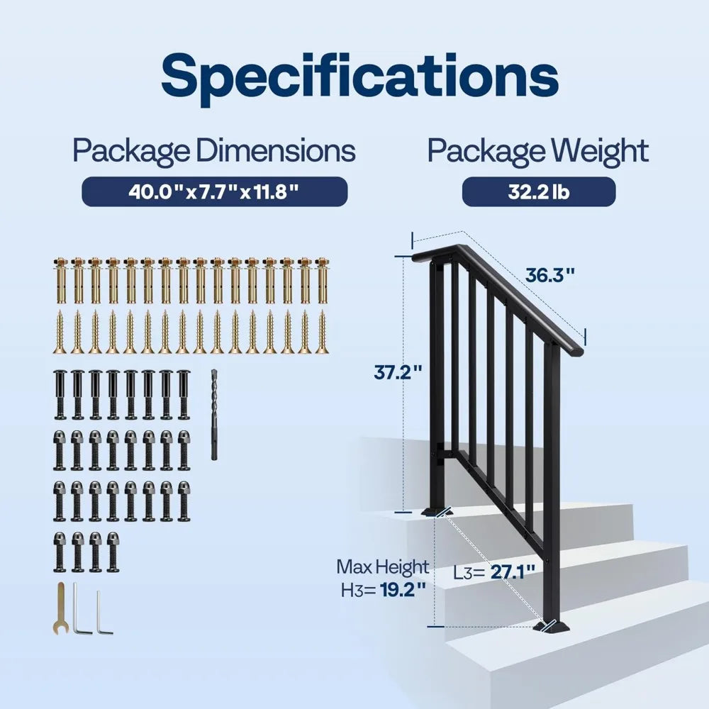 2-Pack 3 Step Galvanized Steel Hand Rails for Outdoor Steps β Black Oval and Safety Balusters Exterior Railing for Porch, Deck,