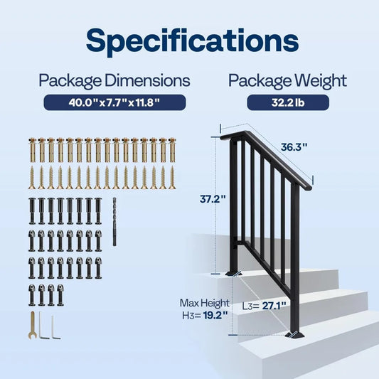 2-Pack 3 Step Galvanized Steel Hand Rails for Outdoor Steps – Black Oval and Safety Balusters Exterior Railing for Porch, Deck,