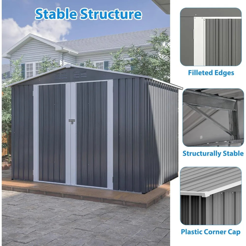 Outdoor Storage Shed 6x8 Feet - Metal Garden Shed with Frame Floor, Lockable Hinged Doors, Waterproof Storage