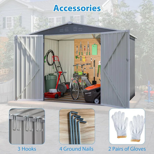 Outdoor Storage Shed 6x8 Feet - Metal Garden Shed with Frame Floor, Lockable Hinged Doors, Waterproof Storage