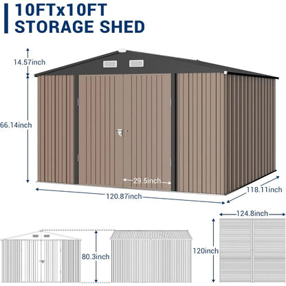 Galvanized Steel Outdoor Storage Shed - 10x10 Feet for Backyard, Patio, Lawn, and Tool Storage
