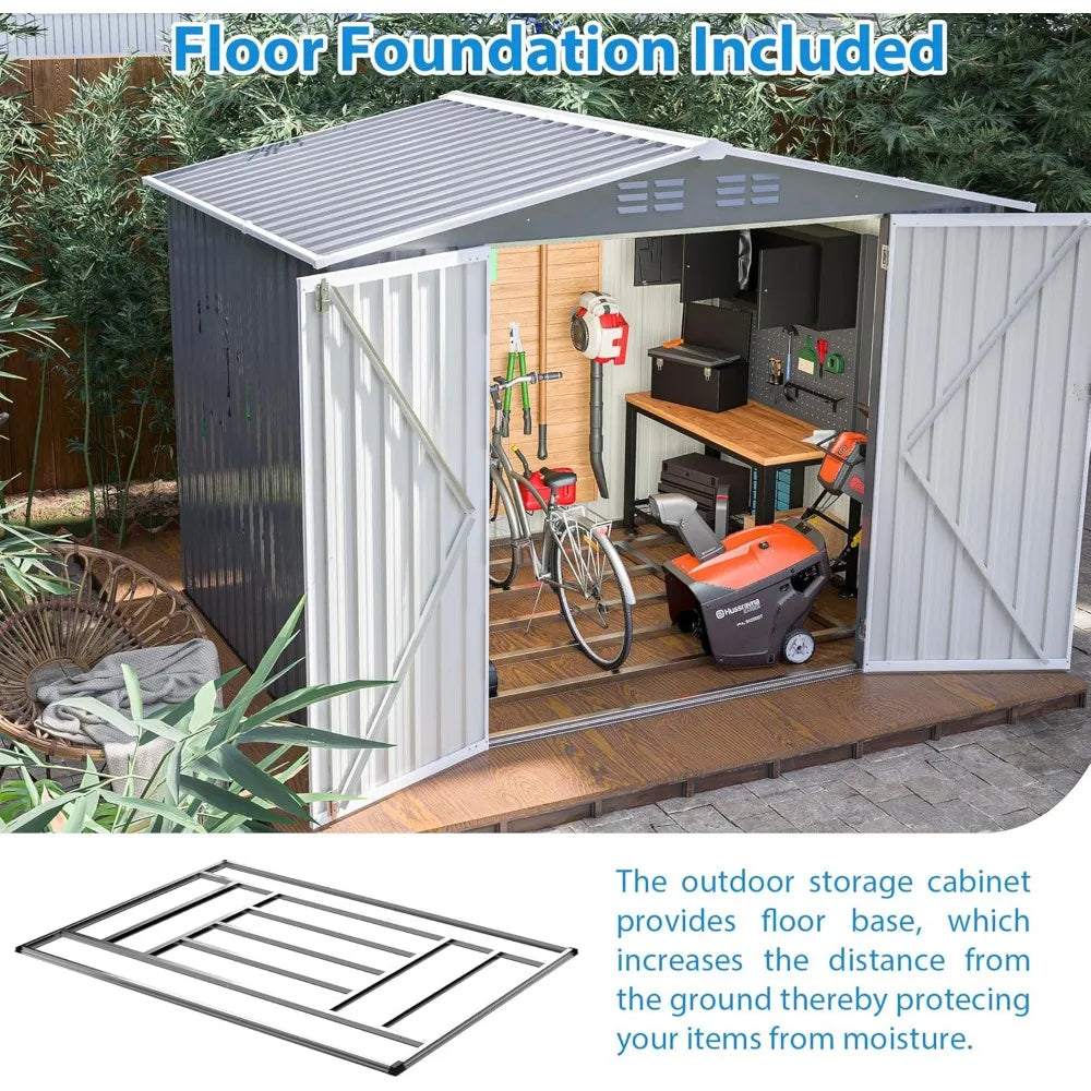 Outdoor Storage Shed 6x8 Feet - Metal Garden Shed with Frame Floor, Lockable Hinged Doors, Waterproof Storage