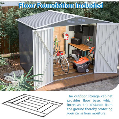 Outdoor Storage Shed 6x8 Feet - Metal Garden Shed with Frame Floor, Lockable Hinged Doors, Waterproof Storage