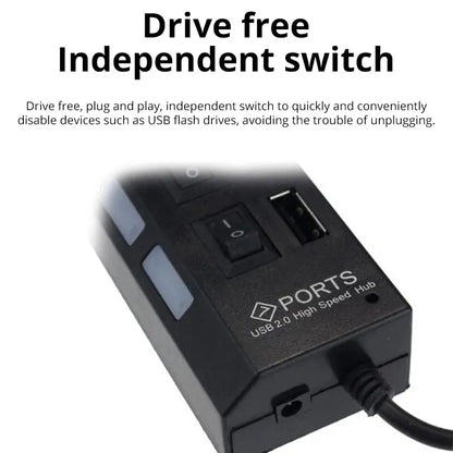Coolcirc 7-Port USB 2.0 Switch Extension Hub - 1 to 7 USB Splitter for PC/Laptop/Desktop (Quick-Connect, Multi-Device Expansion)