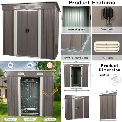 Outdoor Storage Shed 6x4 Feet - Waterproof Metal Garden Shed with Lockable Door - Steel Tool Storage Building