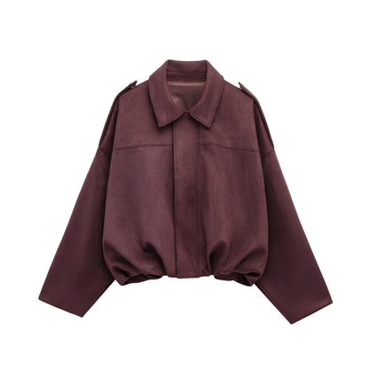 HH Women Brown Green Suede Jacket Loose Casual Bomber Coat Lapel Zipper Long Sleeve Jackets Vintage Lady Motorcycle Outwears