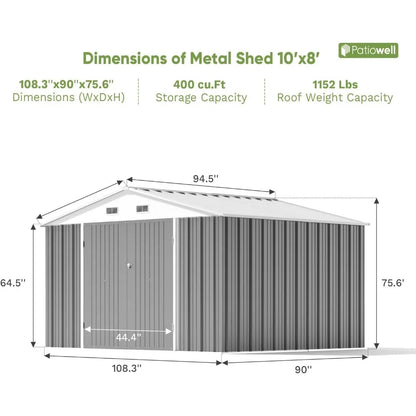Large Outdoor Storage Shed - 10x8 Feet Metal Garden Tool Shelter with Sloping Roof and Double Lockable Entrance