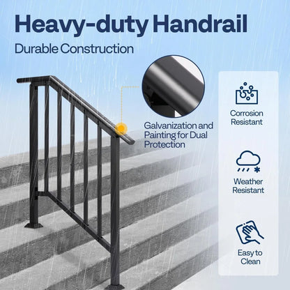 2-Pack 3 Step Galvanized Steel Hand Rails for Outdoor Steps – Black Oval and Safety Balusters Exterior Railing for Porch, Deck,